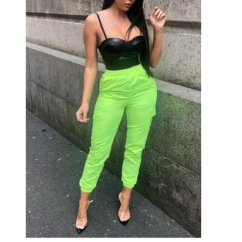 NWT Neon lime green cargo trousers & crop top set
